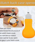 Close-up of orange watch back case opener from Pro Grade 155 Piece Watch Repair Kit, showcasing its design and functionality.