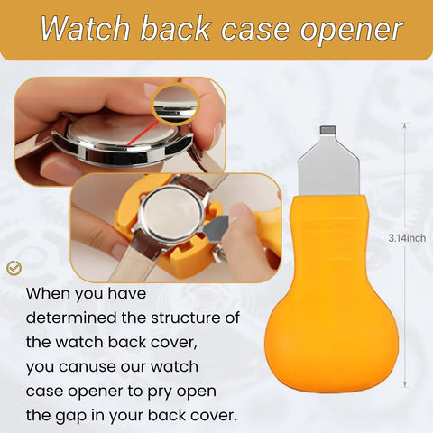 Close-up of orange watch back case opener from Pro Grade 155 Piece Watch Repair Kit, showcasing its design and functionality.