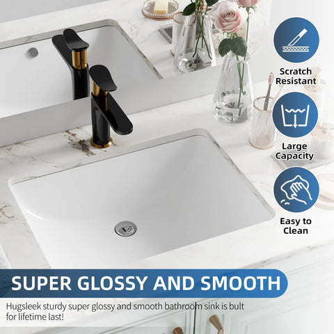 Top Shelf White Fireclay Undermount Bathroom Sink Rectangle 18X13 Inch on marble countertop with modern faucet.