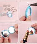 Metal Button Making Kit With 50 Sets Of Round Badge Parts 32mm 1.26 Inch Mirror Backing shown in blue components