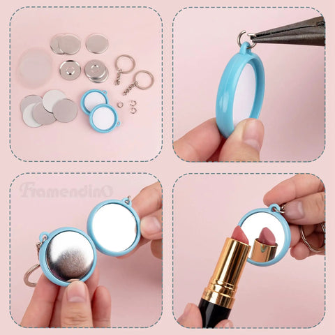 Metal Button Making Kit With 50 Sets Of Round Badge Parts 32mm 1.26 Inch Mirror Backing shown in blue components