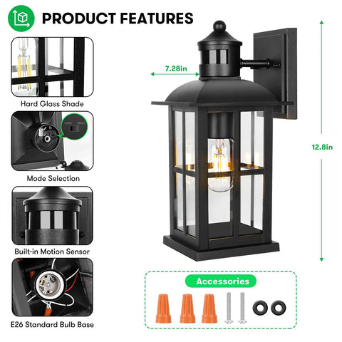 13 Inch Motion Sensor Outdoor Wall Light With Dusk To Dawn, Anti Rust 100 Percent Aluminum Black Exterior Lantern Sconce product features