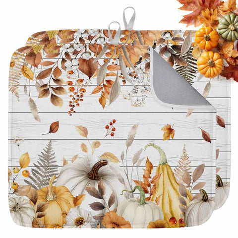 Fall Thanksgiving Dish Drying Mat Set With Pumpkin Leaves Design Absorbent Microfiber Over Cushioned Sponge Core 16 By 18 Inches Two Pieces White Yellow Orange Colorway For Kitchen Counter Machine Washable Quick Dry Must Have