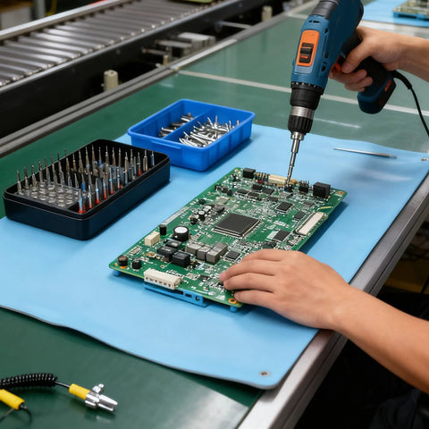 Fabater anti-static ESD mat, blue, 26.4 x 20.1 in, on workbench beside PCB assembly tools