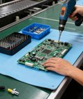 Fabater anti-static ESD mat on a blue rubber workstation; technician drills a PCB.