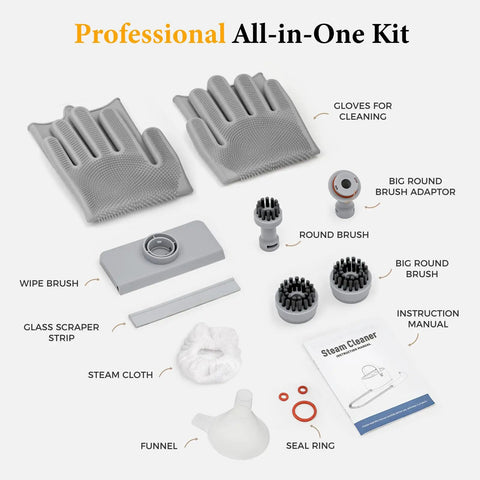 Handheld Steam Cleaner All In One Kit Crushes Tough Stains Fast Fifteen Second Heat Up Adjustable Steam Flow accessories including gloves, brushes, and funnel.