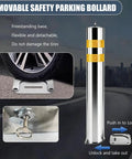 Hella Sturdy Heavy Duty Stainless Steel Safety Bollards 2 Pack Removable Parking Barrier Posts With Lock And Reflective Strips For Driveway Security And Traffic Control Outdoor Guard Posts with locking mechanism and freestanding base.