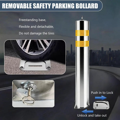 Hella Sturdy Heavy Duty Stainless Steel Safety Bollards 2 Pack Removable Parking Barrier Posts With Lock And Reflective Strips For Driveway Security And Traffic Control Outdoor Guard Posts with locking mechanism and freestanding base.