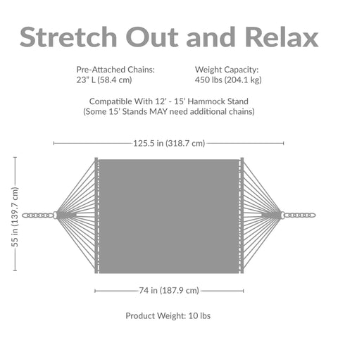 Diagram of Quilted Double Hammock For Outdoor Chill And Relaxation With Spreader Bars And Pillow Supports Up To 450 Pounds 74 By 55 Inch Bed UV Resistant And Quick Dry Chains Included Stand Sold Separately Mountainside with dimensions and chain length.