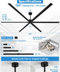 Specifications and fit guide for Monster Size 120 Inch HVLS Industrial Ceiling Fan With Aluminum Blades Reversible DC Motor Remote Control