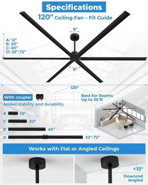 Specifications and fit guide for Monster Size 120 Inch HVLS Industrial Ceiling Fan With Aluminum Blades Reversible DC Motor Remote Control
