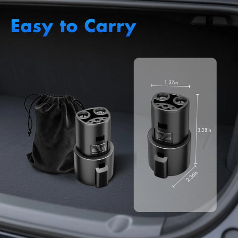 J1772 To Tesla Adapter Slick EV Charger Connector For Model 3 Y S X And Cybertruck displayed with size measurements in trunk.