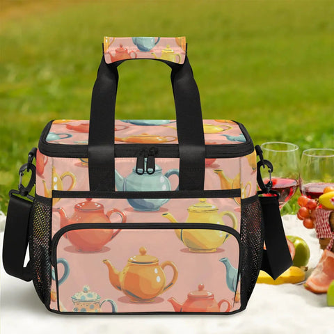 Insulated Picnic Backpack Lunch Bag For Women And Men, Grab And Go Portable Cooler Tote, teapot design, at a picnic setting