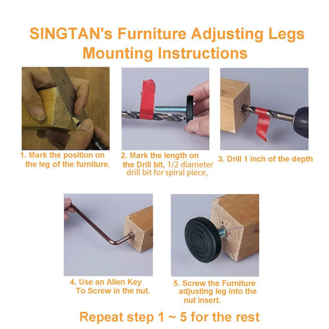 Beefy Heavy Duty Adjustable Furniture Levelers With 3/8-16 Threaded Bolts, 1.5 Inch Base Feet, Screw In Nuts, 8 Pack installation steps.