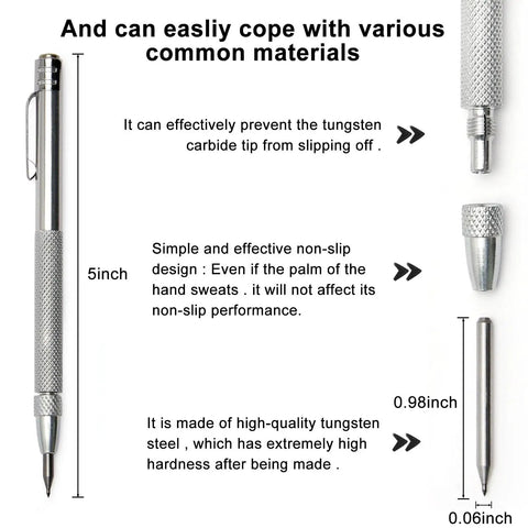 Top Tier Two Pack Tungsten Carbide Scribe Pens With A Freaking Strong Magnet And Steel Rule Including Ten Spare Tips For Quick Layouts And No Drama Metal Marking On Job Sites Everywhere, showcasing 5 inch grip and carbide tip details.