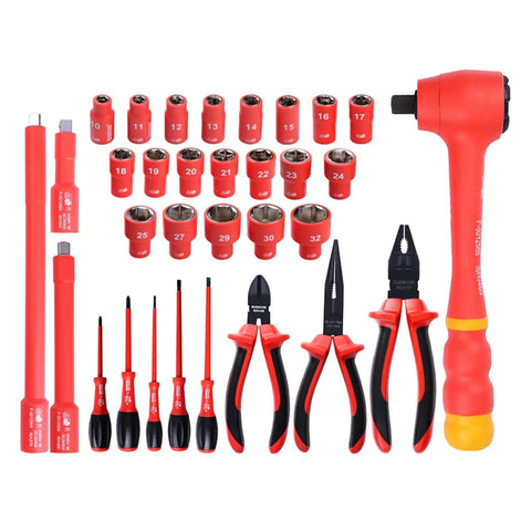 32-Piece 1000V Insulated Socket Kit With One Half Inch Ratchet Wrench And Sleeve Hex Head Maintenance Tools Pro Grade Pliers