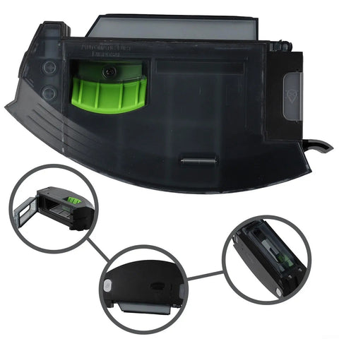 Premium ZUZZEE Replacement Vacuum Dirt Bin Compatible With Roomba I1 I3 I4 I5 I6 I7 I8 Plus showing sealed dust cup design and green detail.