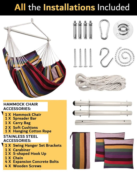 Oversized Hammock Chair With Rope Swing And Two Cushions, 500 Lb Capacity For Indoor Outdoor Relaxation, hardware kit shown