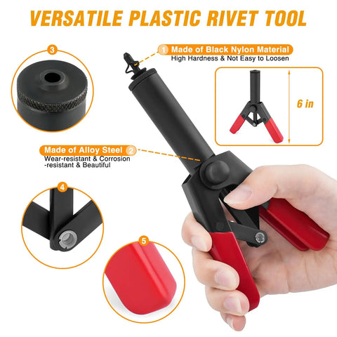 82Pcs Plastic Rivet Gun Set With Fastener Remover highlighted features and ergonomic one-hand design being held