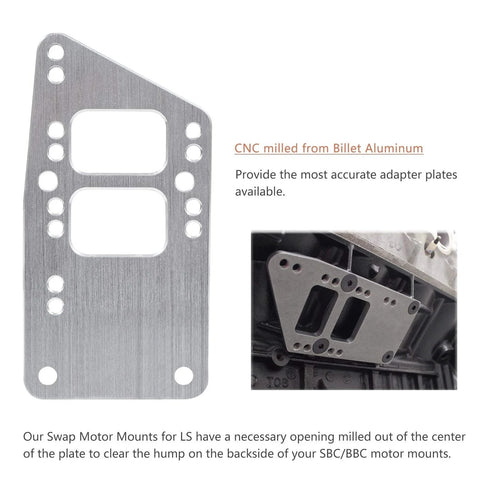 LS Swap Motor Mounts Adapter Plates Universal Swap Bracket For Small Block To LS Engine Conversion Adjustable Fit For LS1 LS3 LS2 LQ4 LQ9 LS6 L92 L99 L33 LR4 Billet Aluminum Vehicle To LS Engine Bolt In Mount Kit shown front view with CNC milled finish.