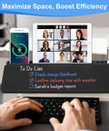 Glass Desktop Whiteboard With Storage And Keyboard Tray Go To Desk Accessory For Home Office And School Setup Smooth Writing And Erasing Built In Drawers To Organize Notes And To Do Lists Black with tablet and phone.