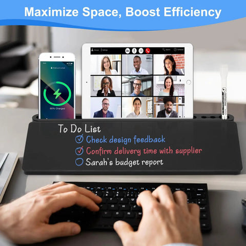 Glass Desktop Whiteboard With Storage And Keyboard Tray Go To Desk Accessory For Home Office And School Setup Smooth Writing And Erasing Built In Drawers To Organize Notes And To Do Lists Black with tablet and phone.