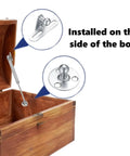 Two Pack Soft Close Toy Box Hinges With 100N Gas Strut Safety Lid Support installed on wooden box, matte silver finish