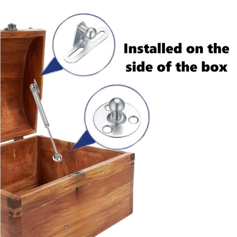 Two Pack Soft Close Toy Box Hinges With 100N Gas Strut Safety Lid Support installed on wooden box, matte silver finish