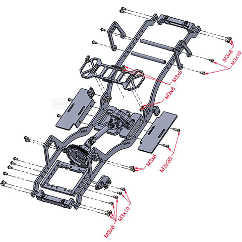 Exploded view of Carbon Fiber LCG Chassis Kit for 1/10 RC Crawler SCX10 SCX10 II Capra 1.9 UTB and other DIY builds.
