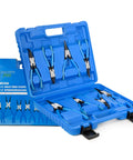 Shop Ready Pro Grade 8 Piece Precision Snap Ring Pliers Set With 7 Inch And 9 Inch Internal And External Circlip Pliers Plus 3 Angle Tips 0 Degree 45 Degree 90 Degree Heavy Duty CR V Steel For Auto And Industrial Repairs in a blue carrying case