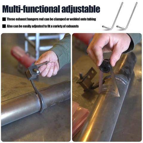 Detailed view of 90 Degree Bend Universal Exhaust Hanger Rods Kit installation on exhaust pipe for cars trucks and vans