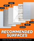 Image showing recommended surfaces for Quick Fix UV Glue Kit with curing light: plastic, metal, wood, glass, ceramic, and fabric.