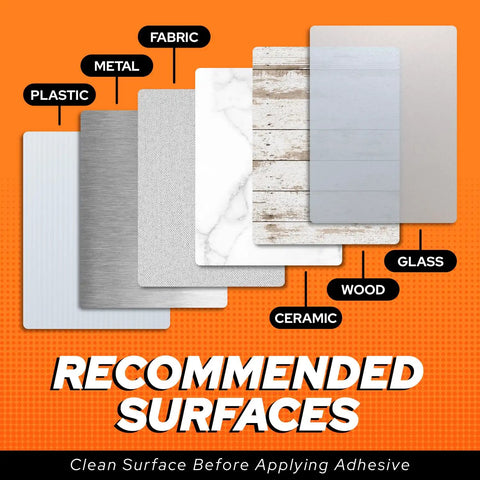 Image showing recommended surfaces for Quick Fix UV Glue Kit with curing light: plastic, metal, wood, glass, ceramic, and fabric.