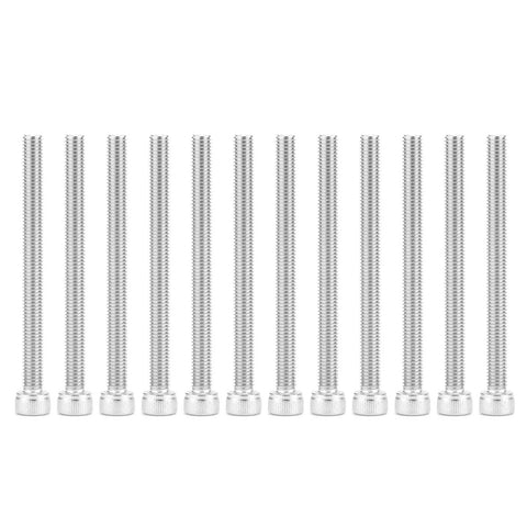 Front view of silver steel screws lined up in a row, threaded shafts visible