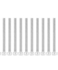 Twelve silver threaded steel screws with hex socket heads arranged in a row on a white background.
