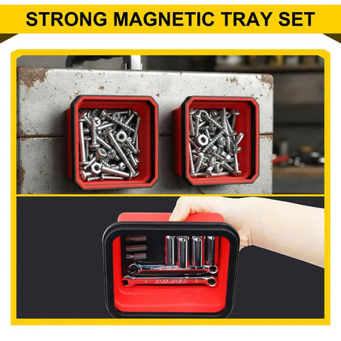 Magnetic Wrench Organizer And Collapsible Magnetic Parts Trays For SAE And Metric Tools, featuring labeled slots and silicone foldable trays.