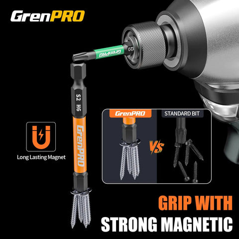Close-up of GrenPRO S2 H6 screwdriver bit with magnetic feature shown in use with drill.