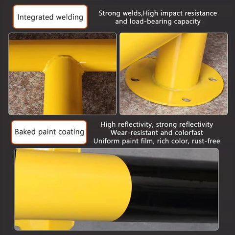 Close-up of Heavy Duty Steel Machine Guard Rail System features integrated welding and baked paint coating in yellow with black high visibility stripes.
