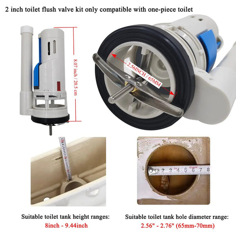 Two Inch Toilet Flush Valve Assembly For Most One Piece Toilets With Top Push Button Universal Fit, Replacement Part
