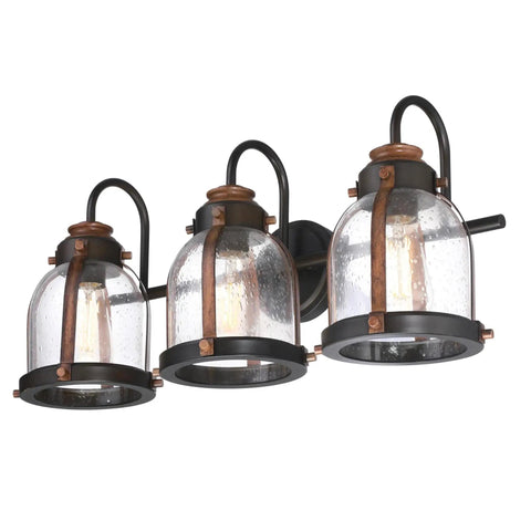 Vintage Style Three Light Indoor Vanity Light Fixture In Oil Rubbed Bronze With Barnwood Accents And Hand Blown Clear Seeded Glass