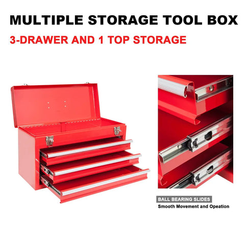 20.5 Inch Portable Steel Tool Box With Top Box And Three Drawers Red Powder Coat Finish with ball bearing slides open view.