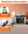 Compact Mini Bench Grinder With An All Brass Brushless Motor And Rock Solid Steel Frame, showcasing 7-speed adjustable feature with 2 wheels.