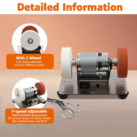 Compact Mini Bench Grinder With An All Brass Brushless Motor And Rock Solid Steel Frame, showcasing 7-speed adjustable feature with 2 wheels.