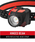 Dual Color Focusing LED Headlamp 575 Lumen 2 Pack With White And Red Beams For Night Vision, hinge detail, reflective strap