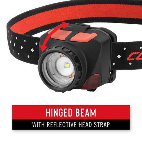 Dual Color Focusing LED Headlamp 575 Lumen 2 Pack With White And Red Beams For Night Vision, hinge detail, reflective strap