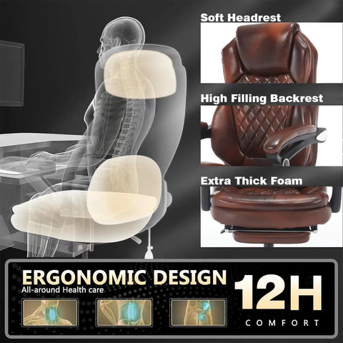 Big And Tall Heavy Duty Reclining Office Chair With Footrest 400 Lb Capacity Brown Leather Executive Desk Chair