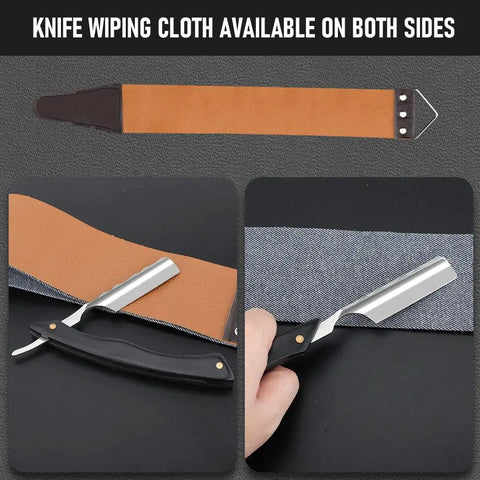 Premium Straight Razor And Leather Shaving Strop Set With Sharp Stainless Steel Blade and smooth wooden handle and leather strop.