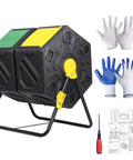 Rotating Compost Tumbler Bin With Dual Chamber And Sliding Doors, black iron and PP plastic, shown with assembly tools and gloves