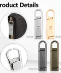 8 Pcs Metal Zipper Pull Tabs Replacement Kit For Luggage Jackets Purses Backpacks Coats And Suitcases Clip On 26mm Zipper Pulls In Silver Gold Bronze Gunmetal Black Durable Easy Fix displayed with color variations and close-up view.