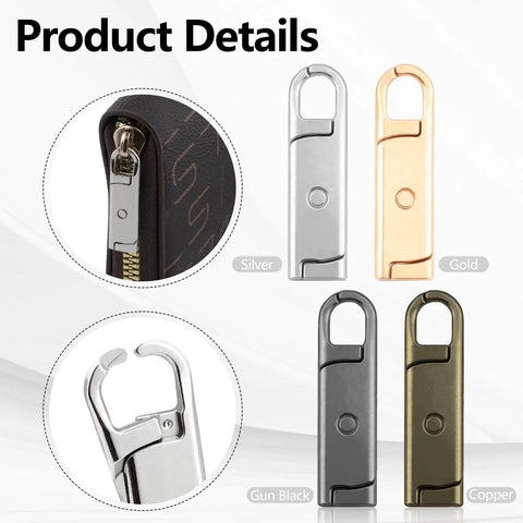 8 Pcs Metal Zipper Pull Tabs Replacement Kit For Luggage Jackets Purses Backpacks Coats And Suitcases Clip On 26mm Zipper Pulls In Silver Gold Bronze Gunmetal Black Durable Easy Fix displayed with color variations and close-up view.